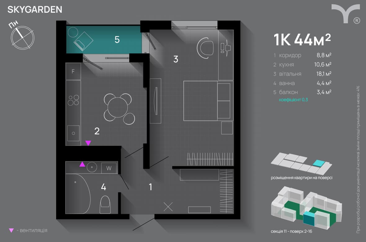 Продається 1 кім. кварттра в ЖК Skygarden 44 м.кв.